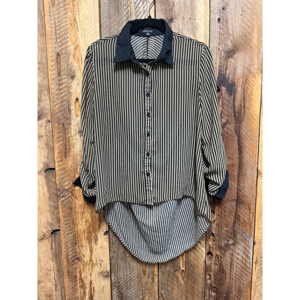 Womens M Striped High Low Blouse Draped Oversized Button Down Dark Academia